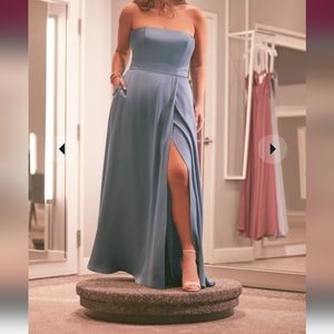 NWT Steel Blue Strapless Crep Back Satin Floor Length Dress Sz 18